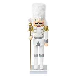 FUNPENY 14" Christmas Decorative Nutcracker Figures, Handmade Wooden Soldier In White Uniform Hold Scepter, Festive Collectible Nutcracker Gift For Indoor Winter Table Desktop Fireplace Decorations