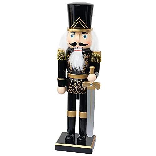 FUNPENY 14" Christmas Decorative Nutcracker Figures, Wooden Black Soldier In Black Uniform Hold Sword, Festive Collectible Nutcracker Gift For Indoor Winter Table Desktop Fireplace Decorations 3 FUNPENY 14" Christmas Decorative Nutcracker Figures, Wooden Black Soldier In Black Uniform Hold Sword, Festive Collectible Nutcracker Gift For Indoor Winter Table Desktop Fireplace Decorations - Image 3
