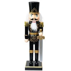 FUNPENY 14" Christmas Decorative Nutcracker Figures, Wooden Black Soldier In Black Uniform Hold Sword, Festive Collectible Nutcracker Gift For Indoor Winter Table Desktop Fireplace Decorations