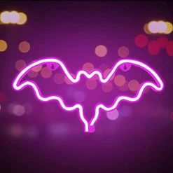 Funpeny Bat Neon Signs, LED Festival Pink Bat Neon Lights, Halloween Decorations For Table Desk Indoors Home Bedroom Decorations USB Charging & Battery
