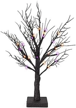 FUNPENY Lighted Black Birch Spooky Tree, 2FT Halloween Battery Operated Tree Lights With Spider Web And Spider, Indoor Table Desktop Holiday Decorations (Purple & Orange) -Funpeny Shop 41tkWdaaL8L. AC 2