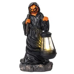 Funpeny Halloween Resin Grim Reaper Statue, Spooky Pumpkin Face Figurine Table Ornaments Decorations With Solar Lights For Indoor Home Room Desk Décor