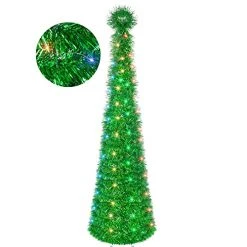 FUNPENY 5 FT Pop Up St. Patrick's Day Tree, 50 LED Multi-Colored Lighted Artificial Tinsel Tree, Battery Operated Pencil Tree Christmas Decoraitons Indoor Outdoor For Holiday Home Party Decor, Green