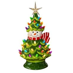 FUNPENY 11" Ceramic Christmas Tree, Pre-lit Battery Operated Vintage Tabletop Snowman Tree Ornaments With 50 Multicolored Lights, Christmas Table Decorations For Xmas Indoor Desk Centerpiece Decor