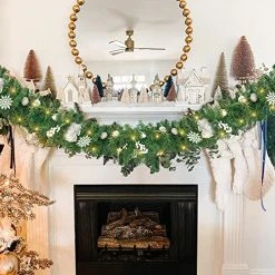 FUNPENY 9 FT Artificial Christmas Garland, Pre-Lit 50 LED Battery Operated Lighted Silver Berries Snowflake Xmas Garland With 8 Modes For Indoor Holiday Door Home Decorations -Funpeny Shop 510FjaZWQeL