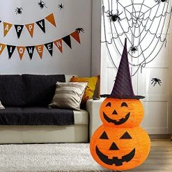 FUNPENY 3FT Halloween Collapsible Pumpkin Decorations, Light Up 50 LED Pumpkin With Hat 8 Lighted Mode, Pop Up Jack-o-Lantern With Metal Stand For Indoor Outdoor Yard Holiday Decor (Purple Hat) -Funpeny Shop 511STj29vCL
