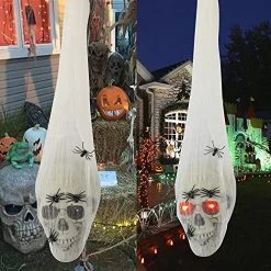 FUNPENY Halloween Decorations Hanging Skull Head With Spider Webs, Light Up Halloween Decor For Outdoor Outside Garden Yard Party Supplies -Funpeny Shop 514kXIfuhvL