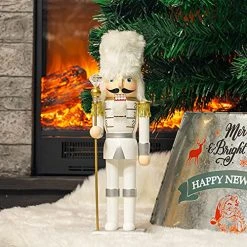 FUNPENY 14" Christmas Decorative Nutcracker Figures, Handmade Wooden Soldier In White Uniform Hold Scepter, Festive Collectible Nutcracker Gift For Indoor Winter Table Desktop Fireplace Decorations -Funpeny Shop 5165ermVkPL