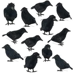 FUNPENY Halloween Black Feathered Crows, Lifelik Halloween Decoration Birds With Real Feather (12 Pack)