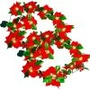 FUNPENY Christmas Poinsettia Garland, 7 FT 10 LED Velvet Artificial Flower Xmas String Lights With Red Berries And Holly Leaves, Christmas Decorations Indoor Outdoor Mantle Holiday (2 Pack)