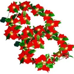 FUNPENY Christmas Poinsettia Garland, 7 FT 10 LED Velvet Artificial Flower Xmas String Lights With Red Berries And Holly Leaves, Christmas Decorations Indoor Outdoor Mantle Holiday (2 Pack)