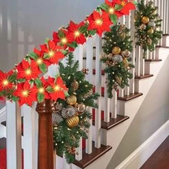 FUNPENY Christmas Poinsettia Garland, 7 FT 10 LED Velvet Artificial Flower Xmas String Lights With Red Berries And Holly Leaves, Christmas Decorations Indoor Outdoor Mantle Holiday (2 Pack) -Funpeny Shop 517bWmcfiOL