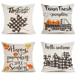 FUNPENY Thanksgiving Decorations, Set Of 4 Thanksgiving Pillow Covers 18 X 18 Inch Fall Pmupkin Maple Leaves Pillowcovers For Sofa, Car, Couch, Bed Farmhouse (Inserts Are Not Include)