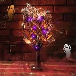 FUNPENY Lighted Black Birch Spooky Tree, 2FT Halloween Battery Operated Tree Lights With Spider Web And Spider, Indoor Table Desktop Holiday Decorations (Purple & Orange) -Funpeny Shop 519N7 t9PuL 2