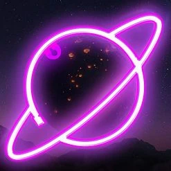 FUNPENY Planet Neon Signs LED Night Lights USB Charging/Battery Operated Neon Wall Lights Ramadan Decorative Lights For Wedding, Birthday Party (Battery Not Included) (Pink Planet- Pink Ring)