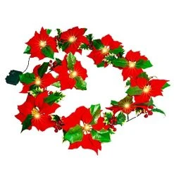 FUNPENY Christmas Poinsettia Garland, 7 FT 10 LED Velvet Artificial Flower Xmas String Lights With Red Berries And Holly Leaves, Christmas Decorations Indoor Outdoor Mantle Holiday (1 Pack)