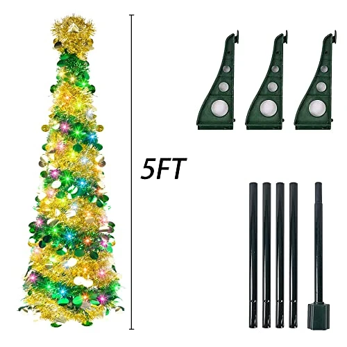 FUNPENY 5 FT Pop Up Christmas Tree With 50 LED Multi-Colored Lights, Artificial Tinsel Xmas Tree, Battery Operated Pencil Tree Christmas Decoraitons Indoor Outdoor For Holiday Home Party Decorations 3 FUNPENY 5 FT Pop Up Christmas Tree With 50 LED Multi-Colored Lights, Artificial Tinsel Xmas Tree, Battery Operated Pencil Tree Christmas Decoraitons Indoor Outdoor For Holiday Home Party Decorations - Image 3