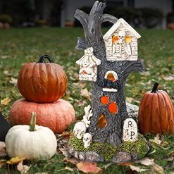 FUNPENY Solar Halloween Decorations Outdoor, Village Resin Tree Statue, Spooky Figurine Table Ornaments With RGB Color Changing Lights, Waterproof Sculpture For Indoor Home Garden Yard Desk Decor -Funpeny Shop 51Cl3oWauLL