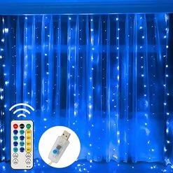 FUNPENY Window Curtain String Lights, 300 LED 8 Lighting Modes Fairy Lights USB Powered, Waterproof Lights For Christmas Bedroom Party Wedding Home Garden Wall Decorations, Blue