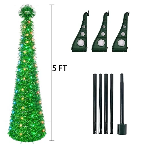 FUNPENY 5 FT Pop Up St. Patrick's Day Tree, 50 LED Multi-Colored Lighted Artificial Tinsel Tree, Battery Operated Pencil Tree Christmas Decoraitons Indoor Outdoor For Holiday Home Party Decor, Green 2 FUNPENY 5 FT Pop Up St. Patrick's Day Tree, 50 LED Multi-Colored Lighted Artificial Tinsel Tree, Battery Operated Pencil Tree Christmas Decoraitons Indoor Outdoor For Holiday Home Party Decor, Green - Image 2