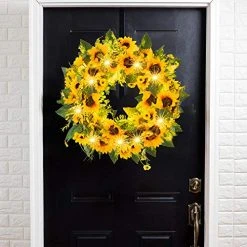 FUNPENY 18 Inch 40LED Pre-lit Sunflower Wreath With Lights, Artificial Spring Summer Wreath Decorations For Front Door, Windows, Bedroom, Living Room Kitchen, Fireplace Decor -Funpeny Shop 51KbdnIf3QL