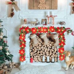 FUNPENY Christmas Poinsettia Garland, 7 FT 10 LED Velvet Artificial Flower Xmas String Lights With Red Berries And Holly Leaves, Christmas Decorations Indoor Outdoor Mantle Holiday (2 Pack) -Funpeny Shop 51LLi6XPBsL