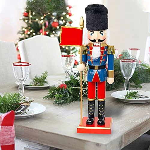 FUNPENY 14" Christmas Decorative Nutcracker Figures, Wooden Blue Soldier In Black Uniform Hold Flag, Festive Collectible Nutcracker Gift For Indoor Winter Table Desktop Fireplace Decorations 6 FUNPENY 14" Christmas Decorative Nutcracker Figures, Wooden Blue Soldier In Black Uniform Hold Flag, Festive Collectible Nutcracker Gift For Indoor Winter Table Desktop Fireplace Decorations - Image 6