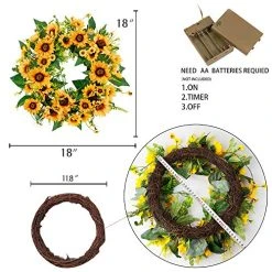 FUNPENY 18 Inch 40LED Pre-lit Sunflower Wreath With Lights, Artificial Spring Summer Wreath Decorations For Front Door, Windows, Bedroom, Living Room Kitchen, Fireplace Decor -Funpeny Shop 51RmFt74vnL