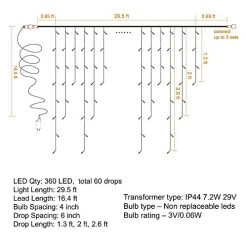 FUNPENY Christmas Icicle Lights Outdoor, 360 LED 29.5 FT Clear Wire Christmas Lights 8 Modes, Curtain Fairy String Lights With 60 Drops For Xmas Wedding Party Tree Holiday Decoration, White -Funpeny Shop 51TaTjPW6JL