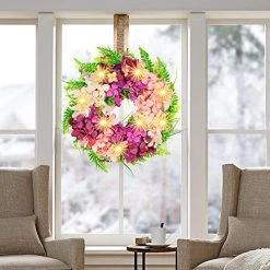 FUNPENY 16 Inch 40LED Pre-lit Pink Hydrangea Wreath With Lights, Artificial Spring Summer Wreath Decorations For Front Door, Windows, Bedroom, Living Room Kitchen, Fireplace Decor -Funpeny Shop 51TtblmadRL