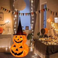 FUNPENY 3FT Halloween Collapsible Pumpkin Decorations, Light Up 50 LED Pumpkin With Hat 8 Lighted Mode, Pop Up Jack-o-Lantern With Metal Stand For Indoor Outdoor Yard Holiday Decor (Purple Hat) -Funpeny Shop 51TuJFw9sgL