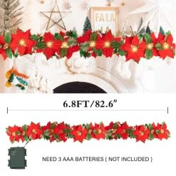 FUNPENY Christmas Poinsettia Garland, 7 FT 10 LED Velvet Artificial Flower Xmas String Lights With Red Berries And Holly Leaves, Christmas Decorations Indoor Outdoor Mantle Holiday (2 Pack) -Funpeny Shop 51V6v8Cs1bL