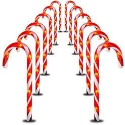 FUNPENY 16" Christmas Candy Cane Pathway Markers Lights, 12 Pack Connectable Christmas Walkway Stakes Lights With 72 Warm White Lights Decorations For Xmas Outdoor Indoor Yard Lawn Decor