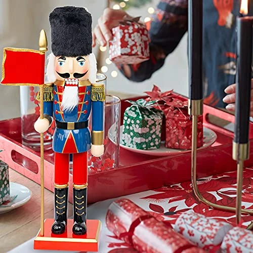 FUNPENY 14" Christmas Decorative Nutcracker Figures, Wooden Blue Soldier In Black Uniform Hold Flag, Festive Collectible Nutcracker Gift For Indoor Winter Table Desktop Fireplace Decorations 7 FUNPENY 14" Christmas Decorative Nutcracker Figures, Wooden Blue Soldier In Black Uniform Hold Flag, Festive Collectible Nutcracker Gift For Indoor Winter Table Desktop Fireplace Decorations - Image 7