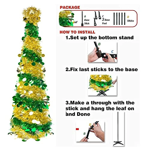 FUNPENY 5 FT Pop Up Christmas Tree With 50 LED Multi-Colored Lights, Artificial Tinsel Xmas Tree, Battery Operated Pencil Tree Christmas Decoraitons Indoor Outdoor For Holiday Home Party Decorations 2 FUNPENY 5 FT Pop Up Christmas Tree With 50 LED Multi-Colored Lights, Artificial Tinsel Xmas Tree, Battery Operated Pencil Tree Christmas Decoraitons Indoor Outdoor For Holiday Home Party Decorations - Image 2