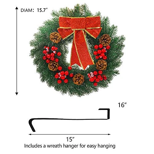 FUNPENY Pre-lit Artificial Christmas Wreath, 40 LED 16 Inch Spruce Berries Pine Cone Garland With Red Bows Artificial Holly Leaves Xmas Wreath With Hanger For Home Party Indoor And Outdoor Use 3 FUNPENY Pre-lit Artificial Christmas Wreath, 40 LED 16 Inch Spruce Berries Pine Cone Garland With Red Bows Artificial Holly Leaves Xmas Wreath With Hanger For Home Party Indoor And Outdoor Use - Image 3