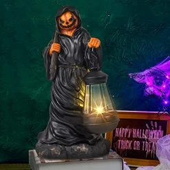 Funpeny Halloween Resin Grim Reaper Statue, Spooky Pumpkin Face Figurine Table Ornaments Decorations With Solar Lights For Indoor Home Room Desk Décor -Funpeny Shop 51c7aabo4iL