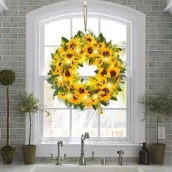 FUNPENY 18 Inch 40LED Pre-lit Sunflower Wreath With Lights, Artificial Spring Summer Wreath Decorations For Front Door, Windows, Bedroom, Living Room Kitchen, Fireplace Decor -Funpeny Shop 51gs8sIwIL