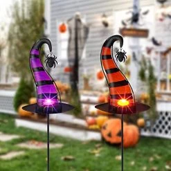 FUNPENY 2 Pack Halloween Glass Garden Stakes, Witch Hat Metal Halloween Yard Sign Candle Holder Decorations For Outside Pathway Driveway Lawn Decor
