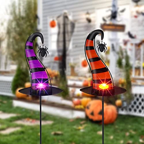 FUNPENY 2 Pack Halloween Glass Garden Stakes, Witch Hat Metal Halloween Yard Sign Candle Holder Decorations For Outside Pathway Driveway Lawn Decor 1 FUNPENY 2 Pack Halloween Glass Garden Stakes, Witch Hat Metal Halloween Yard Sign Candle Holder Decorations For Outside Pathway Driveway Lawn Decor