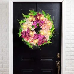 FUNPENY 16 Inch 40LED Pre-lit Pink Hydrangea Wreath With Lights, Artificial Spring Summer Wreath Decorations For Front Door, Windows, Bedroom, Living Room Kitchen, Fireplace Decor -Funpeny Shop 51jompyRrFL