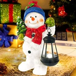 FUNPENY Christmas 12 Inch Resin Snowman Decorations , Cute Snowman Figurines Table Statues Collectibles With Solar Lights For Xmas Indoor Home Bathroom Desk Top Décor