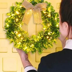 FUNPENY Artificial 16 Inch Spring Summer Wreaths For Front Door, Pre-lit 40 LED Evergreen Leaves Wreath With Lights Decorations Clearance -Funpeny Shop 51npzDJAuL