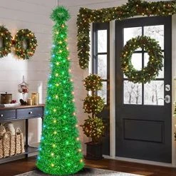 FUNPENY 5 FT Pop Up St. Patrick's Day Tree, 50 LED Multi-Colored Lighted Artificial Tinsel Tree, Battery Operated Pencil Tree Christmas Decoraitons Indoor Outdoor For Holiday Home Party Decor, Green 14 FUNPENY 5 FT Pop Up St. Patrick's Day Tree, 50 LED Multi-Colored Lighted Artificial Tinsel Tree, Battery Operated Pencil Tree Christmas Decoraitons Indoor Outdoor For Holiday Home Party Decor, Green -Funpeny Shop 51oKyvq7RJL