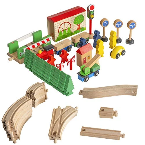FUNPENY 60 Pcs Colorful Wooden Train And Track Sets,Train Railway Sets Toys For 3+ Years Kids,Boys,Girls Deluxe Holiday Gifts 4 FUNPENY 60 Pcs Colorful Wooden Train And Track Sets,Train Railway Sets Toys For 3+ Years Kids,Boys,Girls Deluxe Holiday Gifts - Image 4
