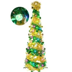 FUNPENY 5 FT Pop Up Christmas Tree With 50 LED Multi-Colored Lights, Artificial Tinsel Xmas Tree, Battery Operated Pencil Tree Christmas Decoraitons Indoor Outdoor For Holiday Home Party Decorations