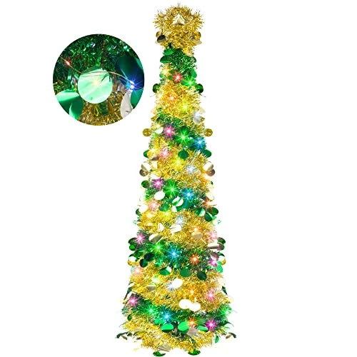 FUNPENY 5 FT Pop Up Christmas Tree With 50 LED Multi-Colored Lights, Artificial Tinsel Xmas Tree, Battery Operated Pencil Tree Christmas Decoraitons Indoor Outdoor For Holiday Home Party Decorations 1 FUNPENY 5 FT Pop Up Christmas Tree With 50 LED Multi-Colored Lights, Artificial Tinsel Xmas Tree, Battery Operated Pencil Tree Christmas Decoraitons Indoor Outdoor For Holiday Home Party Decorations