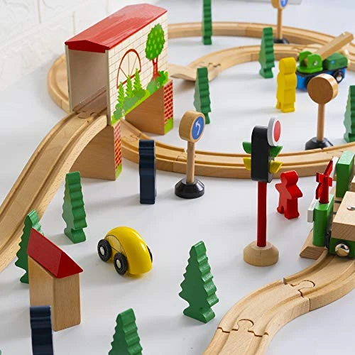 FUNPENY 60 Pcs Colorful Wooden Train And Track Sets,Train Railway Sets Toys For 3+ Years Kids,Boys,Girls Deluxe Holiday Gifts 2 FUNPENY 60 Pcs Colorful Wooden Train And Track Sets,Train Railway Sets Toys For 3+ Years Kids,Boys,Girls Deluxe Holiday Gifts - Image 2