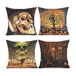 FUNPENY Halloween Decor, Set Of 4 Halloween Pillow Covers 18 X 18 Inch Skull Jack-O-Lantern Cushion Covers For Halloween (Inserts Are Not Include)