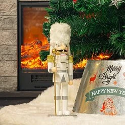 FUNPENY 14" Christmas Decorative Nutcracker Figures, Handmade Wooden Soldier In White Uniform Hold Scepter, Festive Collectible Nutcracker Gift For Indoor Winter Table Desktop Fireplace Decorations -Funpeny Shop 51uZx1JMmL